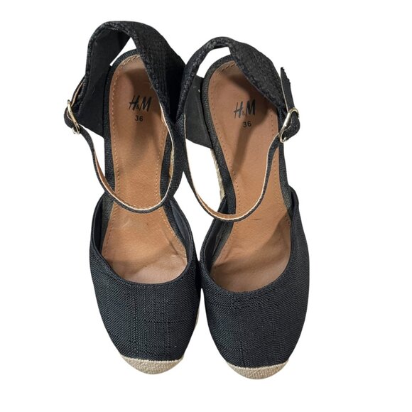 H&M heels women's 5.5 black platform wedge espadrilles ankle strap round toe - Picture 1 of 11
